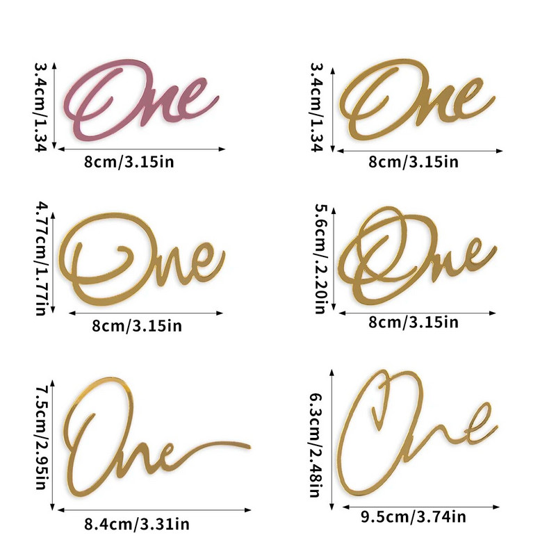 Auksinė akrilo raidė ONE torto puošmena Vienas torto įdėklas Papuošimo torto viršelis Pirmojo gimtadienio vienerių metų vakarėlio dekoravimo reikmenys