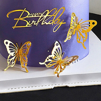 Нова златна издълбана декорация на торта с пеперуди Честит рожден ден Акрилна принцеса Момиче Декорация на сватбено парти Топпер за торта Baby Shower