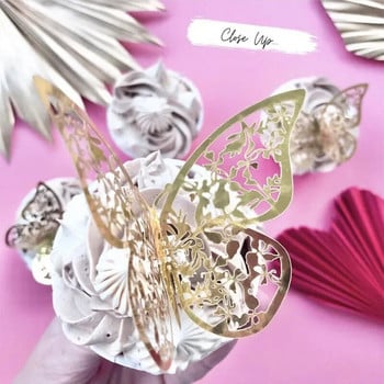 12 τμχ/σετ Πεταλούδα Κέικ Topper Gold Hollow Simulation Butterflies for Wedding Baby Shower Διακοσμήσεις τούρτας για πάρτι