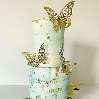 12 бр./компл. Butterfly Cake Topper Златни кухи симулационни пеперуди за сватба Baby Shower Честит рожден ден Декорации за торта