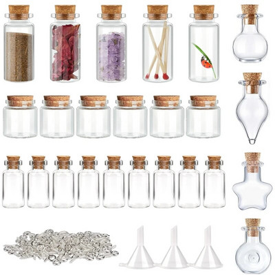 5-10 bucăți borcane mici pentru sticle de sticlă cu dopuri din plută, 100 buc șuruburi cu ochi și 1 bucă pâlnii mici Fabricare de bijuterii DIY