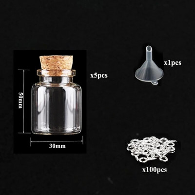5-10db kis mini üvegedények parafa dugóval, 100db szemcsavarok és 1db kis tölcséres barkács ékszerkészítés