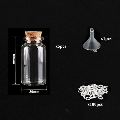 5-10db kis mini üvegedények parafa dugóval, 100db szemcsavarok és 1db kis tölcséres barkács ékszerkészítés