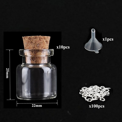 5-10db kis mini üvegedények parafa dugóval, 100db szemcsavarok és 1db kis tölcséres barkács ékszerkészítés