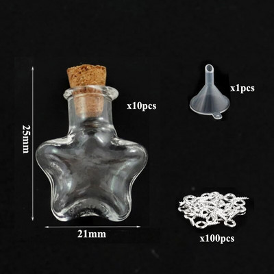 5-10db kis mini üvegedények parafa dugóval, 100db szemcsavarok és 1db kis tölcséres barkács ékszerkészítés