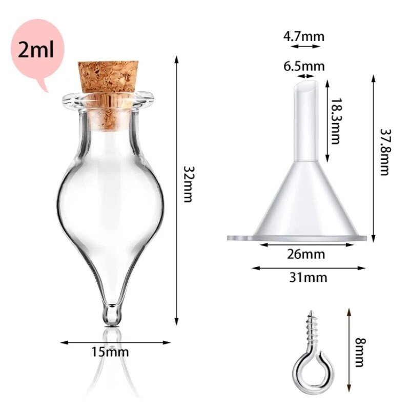 5-10db kis mini üvegedények parafa dugóval, 100db szemcsavarok és 1db kis tölcséres barkács ékszerkészítés