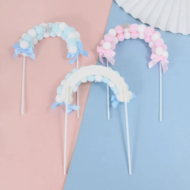 Rainbow Pink Blue Pompom Debesų tortas Vestuvių papuošimai Vaikų gimtadienio šventės vakarėlis „Pasidaryk pats“ torto dekoras Kūdikių dušo reikmenys