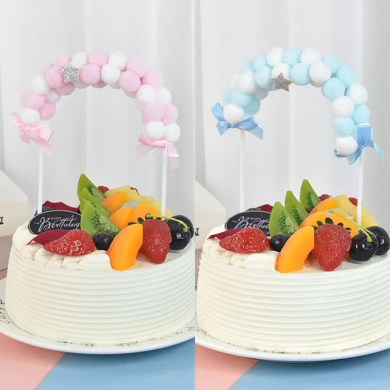 Rainbow Pink Blue Pompom Debesų tortas Vestuvių papuošimai Vaikų gimtadienio šventės vakarėlis „Pasidaryk pats“ torto dekoras Kūdikių dušo reikmenys