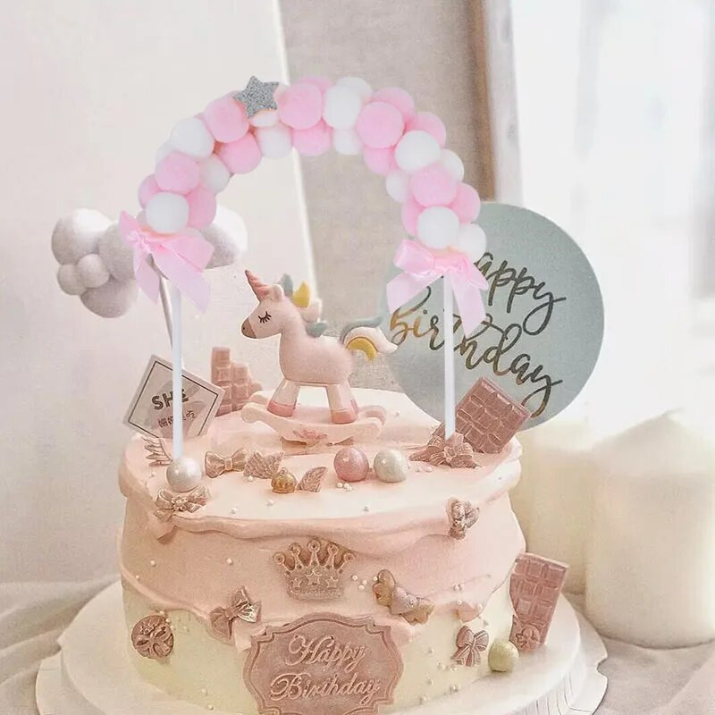 Rainbow Pink Blue Pompom Debesų tortas Vestuvių papuošimai Vaikų gimtadienio šventės vakarėlis „Pasidaryk pats“ torto dekoras Kūdikių dušo reikmenys