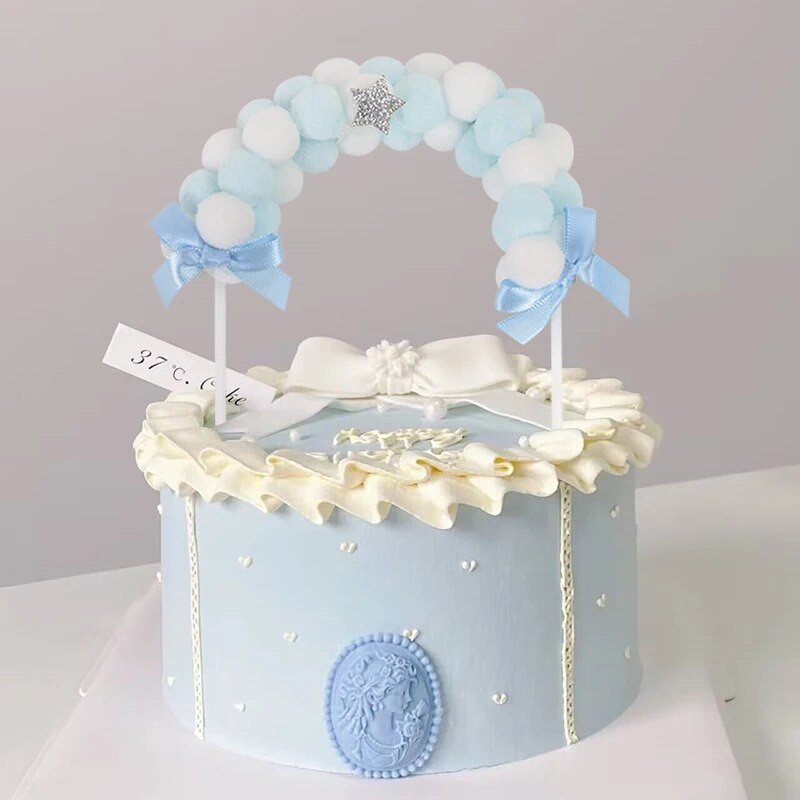 Rainbow Pink Blue Pompom Debesų tortas Vestuvių papuošimai Vaikų gimtadienio šventės vakarėlis „Pasidaryk pats“ torto dekoras Kūdikių dušo reikmenys