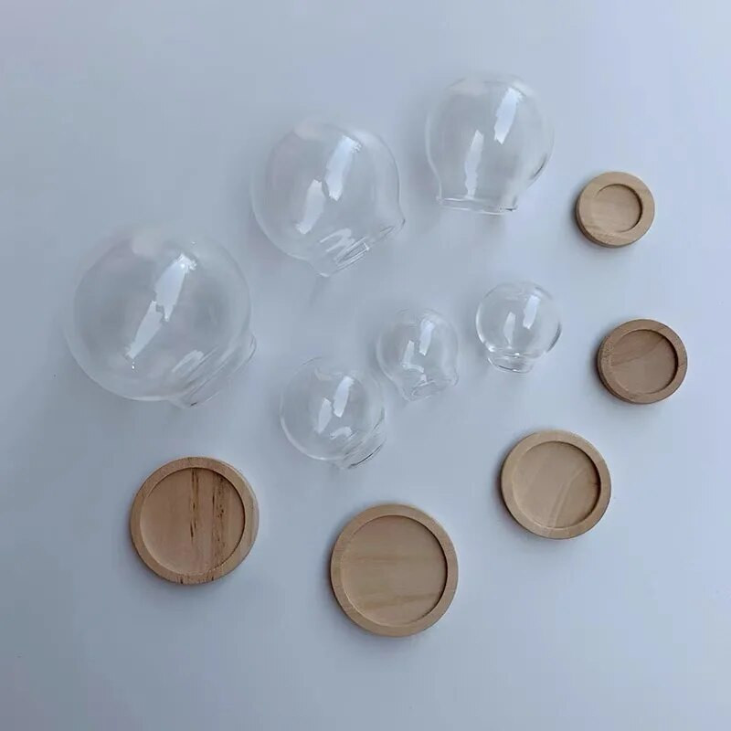 1/2/3X Mini átlátszó, modern kézműves üvegkupola borítású száraz virágváza fa alappal, terep figurákkal Modell bemutató grafikával