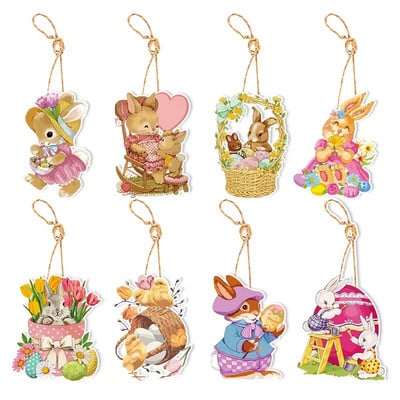 8 buc. Ornamente de hârtie de primăvară de Paște pentru copac, ouă de iepure, ornamente agățate cu șiruri, pentru petrecerea de Paște, pentru decorațiuni pentru casă.