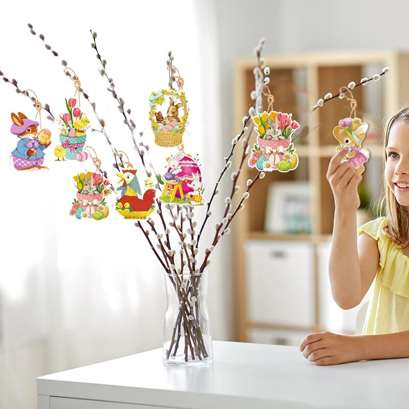 8 buc. Ornamente de hârtie de primăvară de Paște pentru copac, ouă de iepure, ornamente agățate cu șiruri, pentru petrecerea de Paște, pentru decorațiuni pentru casă.