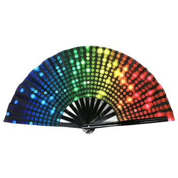 Μεγάλος αναδιπλούμενος ανεμιστήρας χειρός Bling Bling Hand Rave Fan Rainbow Print Bamboo Oxford Cloth Festival Handheld Fan for Gift
