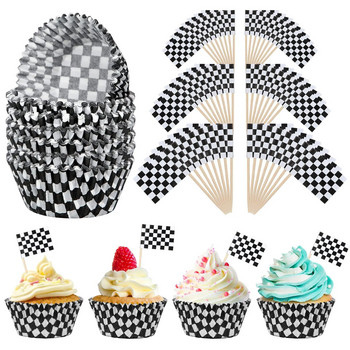 ΔΥΟ ΓΡΗΓΟΡΑ Θέμα Διακόσμηση Πάρτι Αγώνων Αυτοκινήτων Διακοσμήσεις τούρτας γενεθλίων Μαύρο και άσπρο καρό με σημαία Cupcake Toppers Προμήθειες