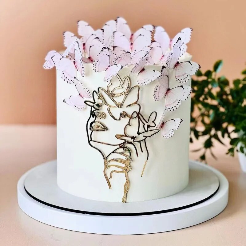 Aur acrilic Artă minimalistă Lady Face Cake Topper Fată La mulți ani Decorare pentru tort Tort de nuntă Toppers pentru petreceri