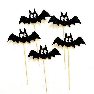 5db Fekete denevér Halloween Cupcake Toppers Torta beillesztett kártya gyerekeknek Születésnapi torta dekoráció Halloween kellékek fotó kellékek