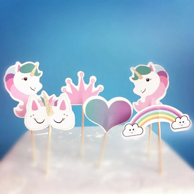 24 tk/partii Lastele ükssarvikuteema Happy Baby Shower Tassikoogipealsed Kaunistused Sünnipäevapeokoogipea pulkadega