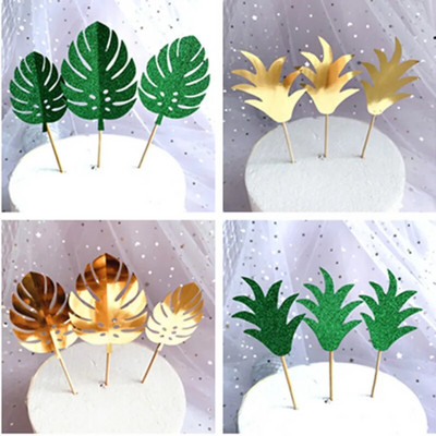 3gab. Sequin Tropical Plants Green Gold Monstera Lapu kūkas virsma džungļu ballītei Happy Birthday Cake Topper Baby Shower