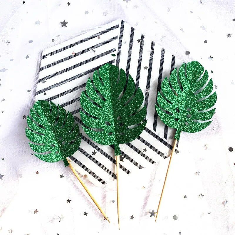 3 tk Litritega troopilised taimed Roheline Kuld Monstera Lehtede Tordikate džunglipeoks Palju õnne sünnipäevaks tordipealne Baby Shower