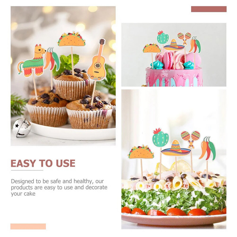 16 vnt. dekoro torto viršus vakarėlio reikmenys puošia atviruką Karnavalas, įterpiamas meksikietiškas keksiukų rinkinys desertas