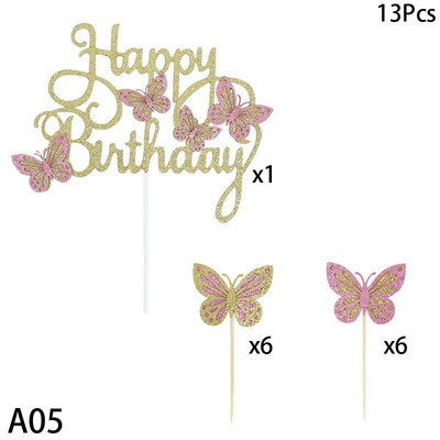 13db/szett Boldog születésnapot Pillangós torta topper Születésnapi Party Babazuhany Desszert Barkácsolás Dekoratív Kiegészítők Cupcake Betétkártya