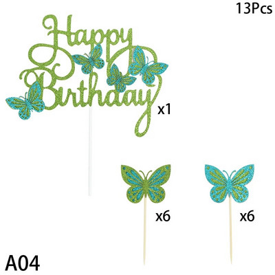 13db/szett Boldog születésnapot Pillangós torta topper Születésnapi Party Babazuhany Desszert Barkácsolás Dekoratív Kiegészítők Cupcake Betétkártya