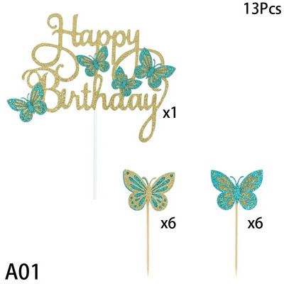 13db/szett Boldog születésnapot Pillangós torta topper Születésnapi Party Babazuhany Desszert Barkácsolás Dekoratív Kiegészítők Cupcake Betétkártya