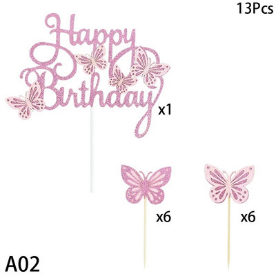 13db/szett Boldog születésnapot Pillangós torta topper Születésnapi Party Babazuhany Desszert Barkácsolás Dekoratív Kiegészítők Cupcake Betétkártya