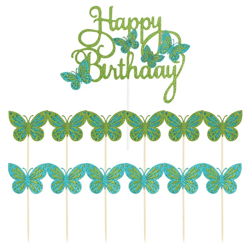 13db/szett Boldog születésnapot Pillangós torta topper Születésnapi Party Babazuhany Desszert Barkácsolás Dekoratív Kiegészítők Cupcake Betétkártya