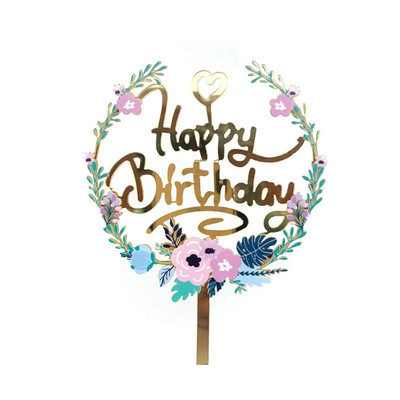 Új színes virágok Boldog születésnapot tortafedő arany akril születésnapi parti desszertdísz babazuhany sütési kellékekhez