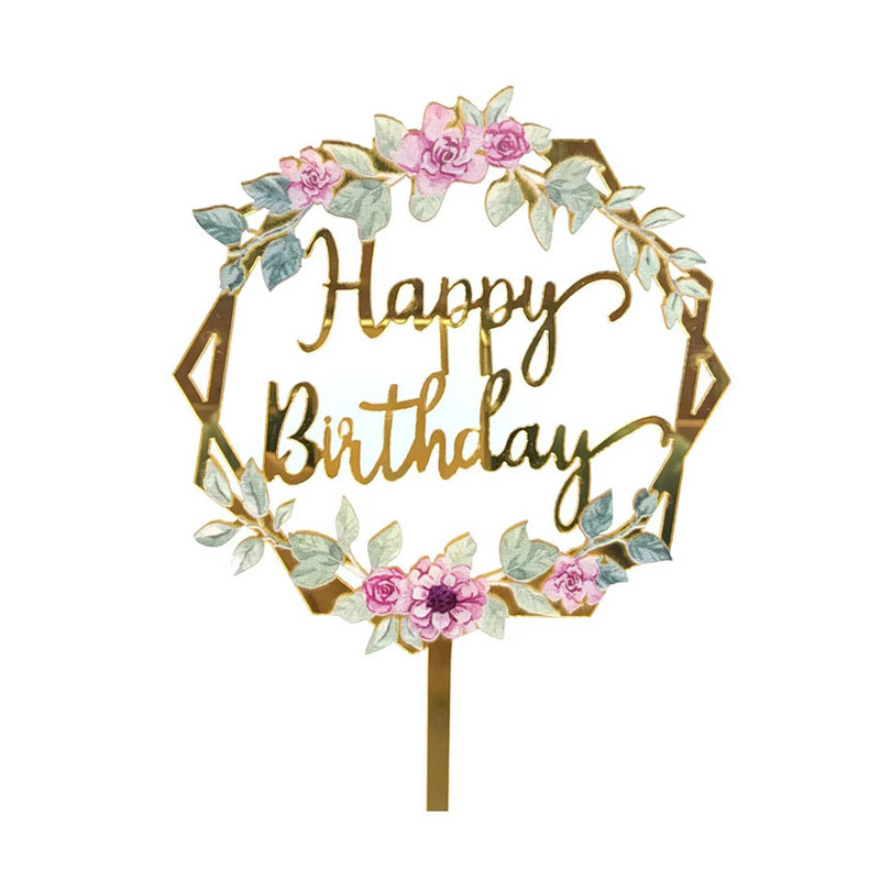 Új színes virágok Boldog születésnapot tortafedő arany akril születésnapi parti desszertdísz babazuhany sütési kellékekhez
