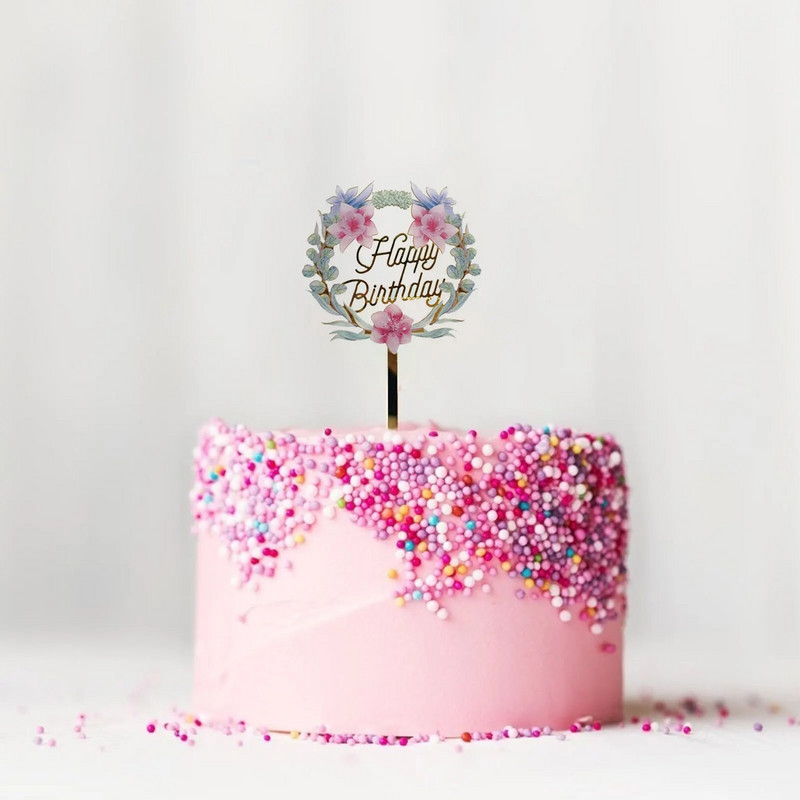 Új színes virágok Boldog születésnapot tortafedő arany akril születésnapi parti desszertdísz babazuhany sütési kellékekhez