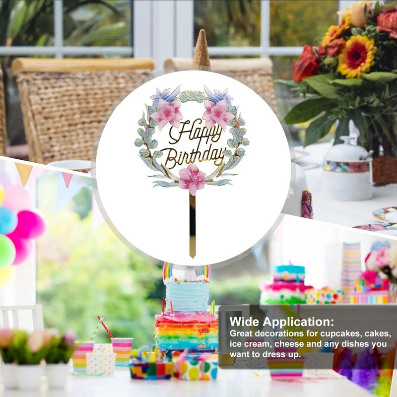 Új színes virágok Boldog születésnapot tortafedő arany akril születésnapi parti desszertdísz babazuhany sütési kellékekhez
