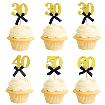 10 бр. Блестящо черно злато 30th 40th 50th 60th Bow Cupcake Topper Рожден ден Годишнина Възрастен Пенсиониране Парти Декорация на торта