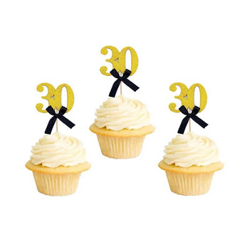 10 бр. Блестящо черно злато 30th 40th 50th 60th Bow Cupcake Topper Рожден ден Годишнина Възрастен Пенсиониране Парти Декорация на торта