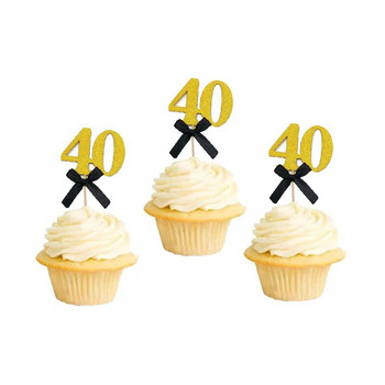 10 бр. Блестящо черно злато 30th 40th 50th 60th Bow Cupcake Topper Рожден ден Годишнина Възрастен Пенсиониране Парти Декорация на торта
