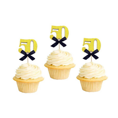 10 бр. Блестящо черно злато 30th 40th 50th 60th Bow Cupcake Topper Рожден ден Годишнина Възрастен Пенсиониране Парти Декорация на торта