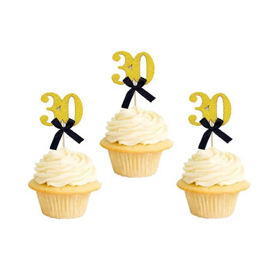 10 vnt Blizgančio juodo aukso 30-ojo 40-ojo 50-ojo 60-ojo Bow Cupcake Topper gimtadienio sukakties suaugusiųjų pensinio vakarėlio torto dekoravimas