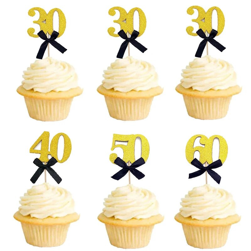 10 vnt Blizgančio juodo aukso 30-ojo 40-ojo 50-ojo 60-ojo Bow Cupcake Topper gimtadienio sukakties suaugusiųjų pensinio vakarėlio torto dekoravimas