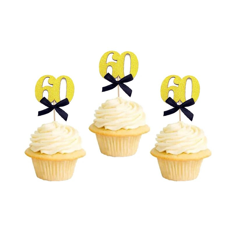 10 vnt Blizgančio juodo aukso 30-ojo 40-ojo 50-ojo 60-ojo Bow Cupcake Topper gimtadienio sukakties suaugusiųjų pensinio vakarėlio torto dekoravimas