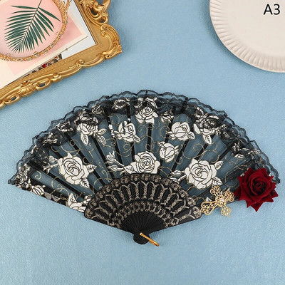 Puošnus retro europietiško stiliaus tamsiai gotikinis kiemo šokių rankinis ventiliatorius, skirtas Lolitai nėrinių rožių sulankstomas vėduoklė vestuvių vakarėlio dekoravimui