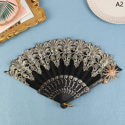 Puošnus retro europietiško stiliaus tamsiai gotikinis kiemo šokių rankinis ventiliatorius, skirtas Lolitai nėrinių rožių sulankstomas vėduoklė vestuvių vakarėlio dekoravimui