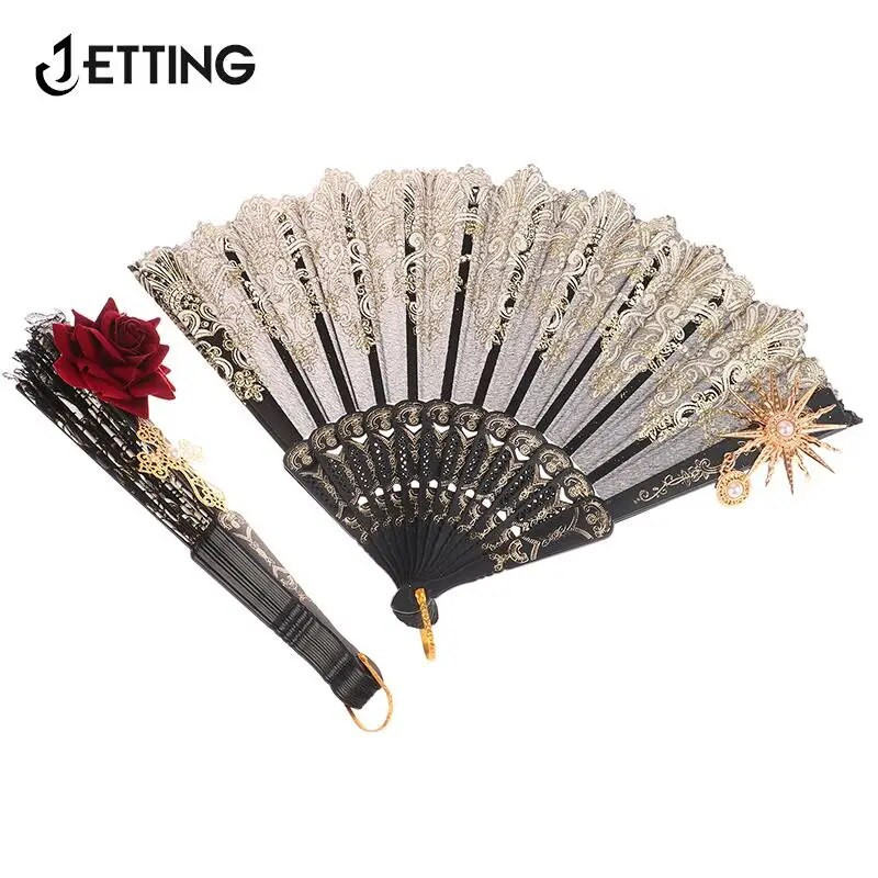 Puošnus retro europietiško stiliaus tamsiai gotikinis kiemo šokių rankinis ventiliatorius, skirtas Lolitai nėrinių rožių sulankstomas vėduoklė vestuvių vakarėlio dekoravimui