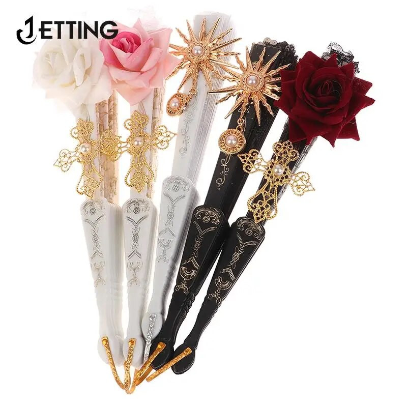 Puošnus retro europietiško stiliaus tamsiai gotikinis kiemo šokių rankinis ventiliatorius, skirtas Lolitai nėrinių rožių sulankstomas vėduoklė vestuvių vakarėlio dekoravimui