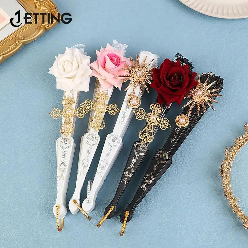 Puošnus retro europietiško stiliaus tamsiai gotikinis kiemo šokių rankinis ventiliatorius, skirtas Lolitai nėrinių rožių sulankstomas vėduoklė vestuvių vakarėlio dekoravimui