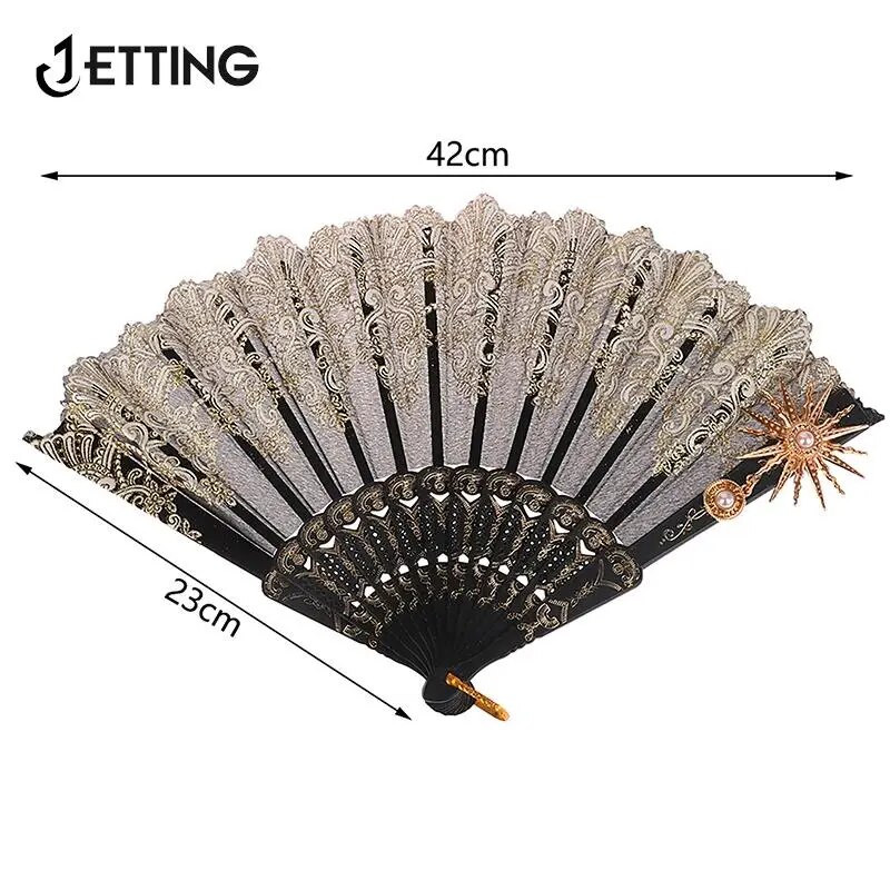 Puošnus retro europietiško stiliaus tamsiai gotikinis kiemo šokių rankinis ventiliatorius, skirtas Lolitai nėrinių rožių sulankstomas vėduoklė vestuvių vakarėlio dekoravimui