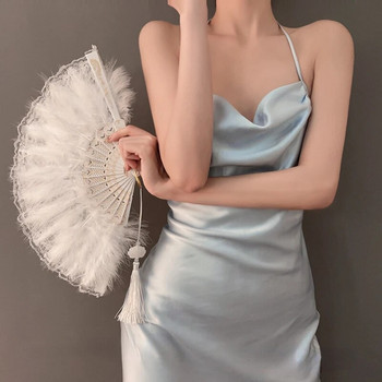 Китайски стил Винтидж ретро сгъваем ръчен вентилатор с пера Дантелен сгъваем ръчен вентилатор за танц Сватбена украса Подаръци за парти