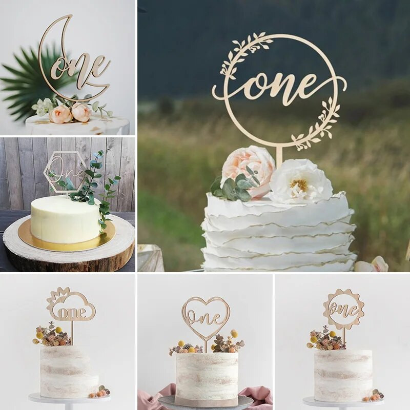 1 vnt. 2023 m. Naujas medinis vienas akrilinis auksinis vakarėlio dekoravimo lazdelių tortas, skirtas kūdikių gimtadienio vakarėliui.