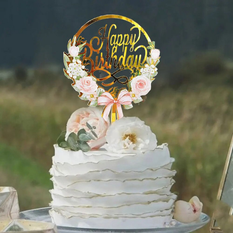 1 tk. Palju õnne sünnipäevaks koogikaunistus Uus akrüül kuldne lilleline roosikook koogi kaunistamise tööriistad lille vibu koogikaardi sisestamine